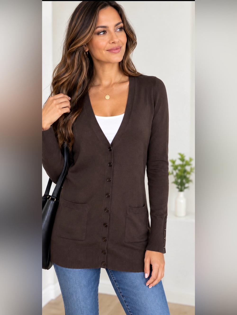 Zara Dark Brown V-Neck Button Front Cardigan